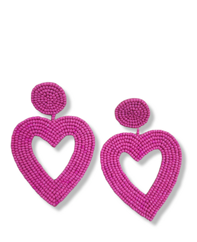 Handmade Beaded Hot Pink Heart Earring